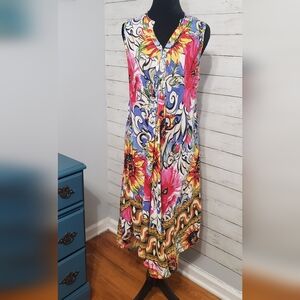 Vibrant Floral With Sunflowers Midi Sleeveless Dress Large V-neck 1/4 Button